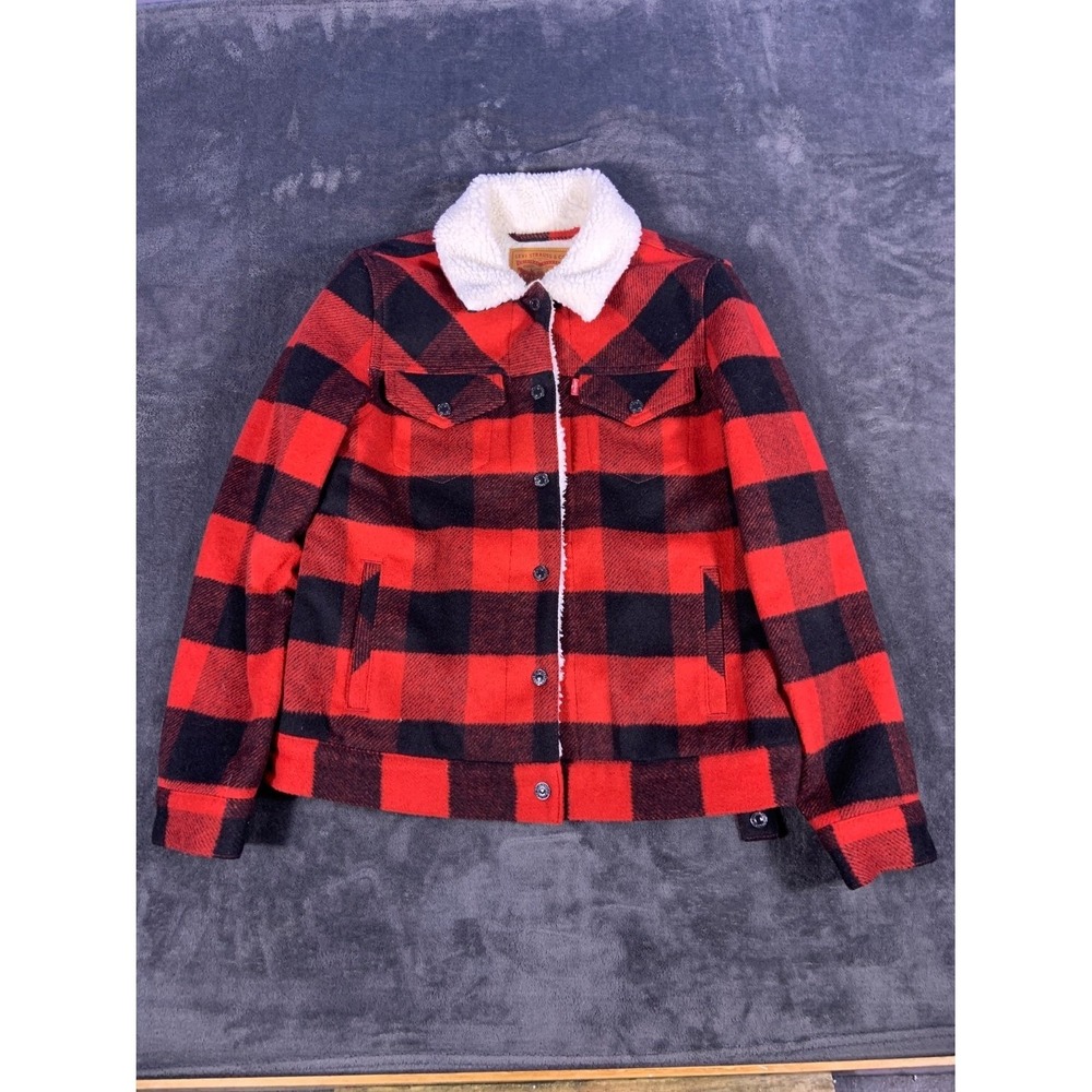Levi's Women's Sherpa Trucker Jacket S Red Black Buffalo Plaid Fleece Lined Coat